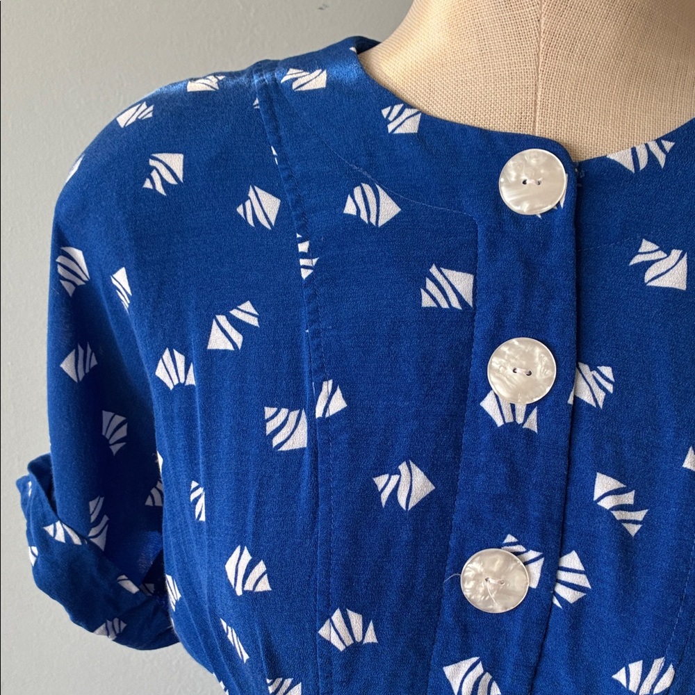 Vintage Blue Patterned Button-Up Dress - Picture 3 of 14